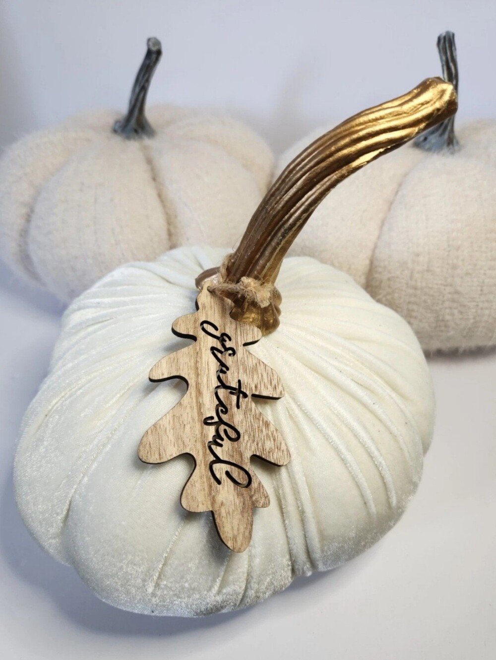 Cream Velvet And Knit Decorative Pumpkins with Stems - Grateful Tag - Picture 2 of 9
